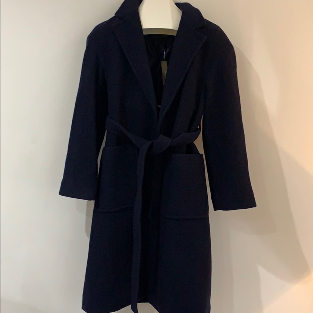 Navy JCrew long wrap coat Italian Boiled wool szM